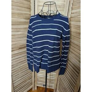 GAP Women's Navy Blue White Striped Long Sleeve V Neck Knit Sweater Size Medium